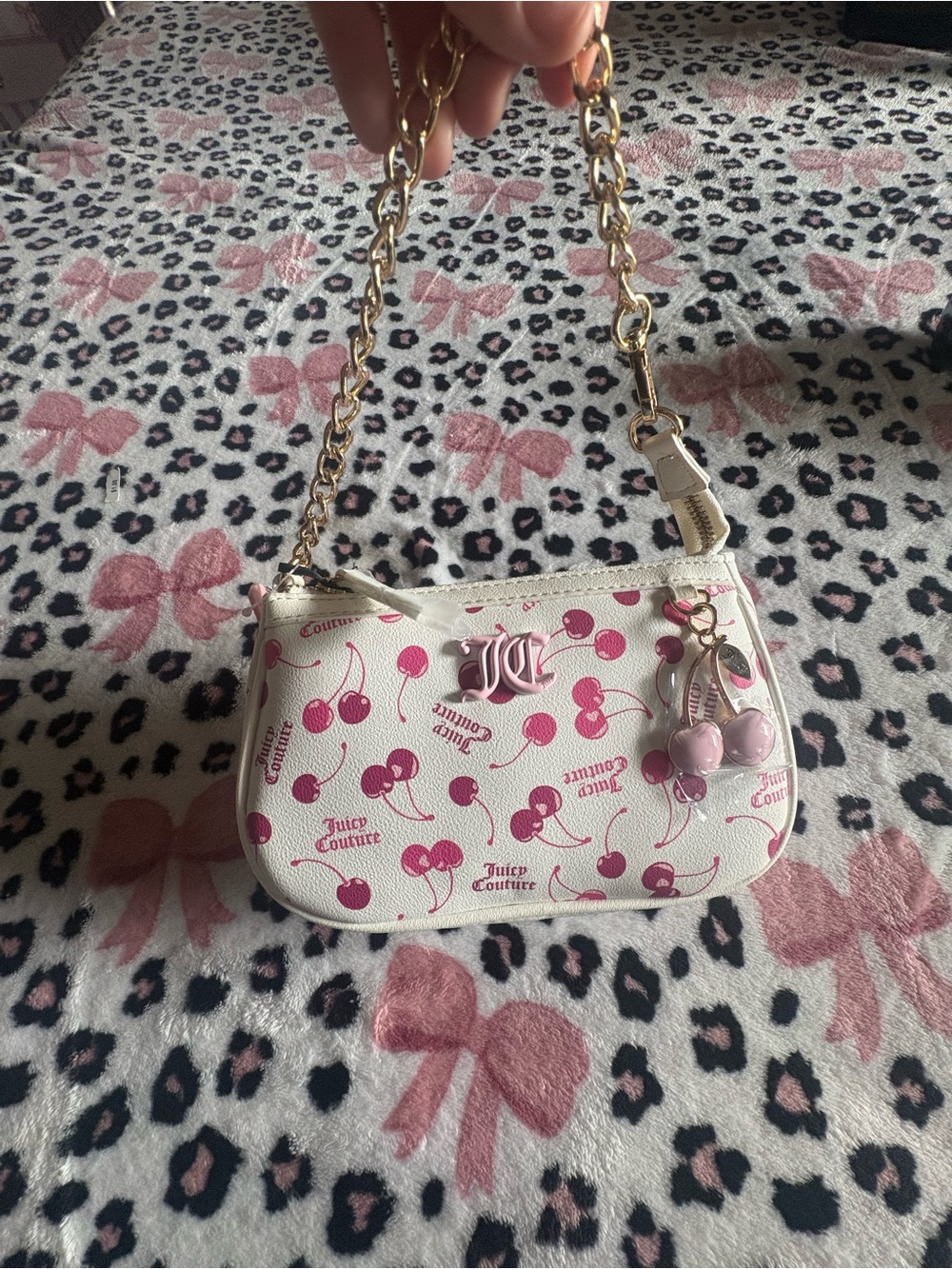 Juicy Couture Pink Cherry Print Mini Shoulder Bag with Gold Chain